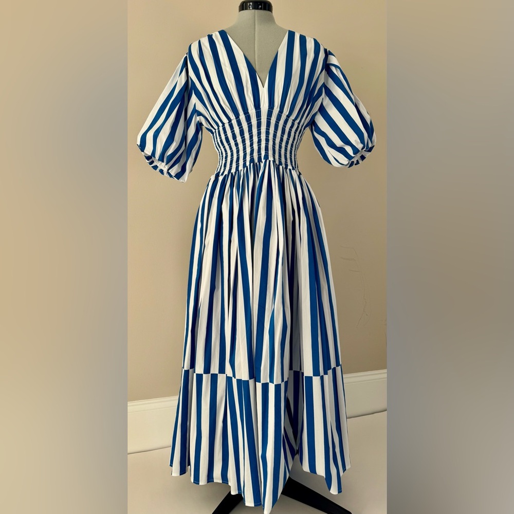 AYR “The Extra Extra” Size M Blue and White Stripe Smocked Midi Puffed Sleeves